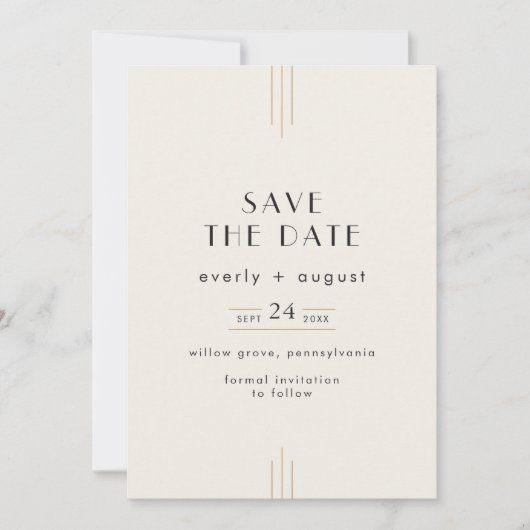 Save The Date Mariage Art Déco Rétro Ivoire Or Noir EVERLY (Devant)