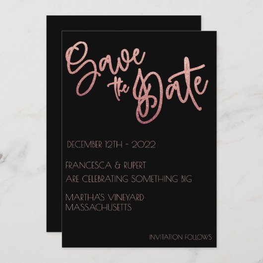 Save The Date Mariage Art Déco Rose Noire Paillettes Or (Devant / Derrière)