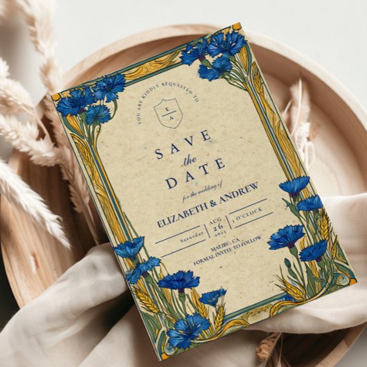 Save The Date Mariage Art Nouveau Bleu Centaurée