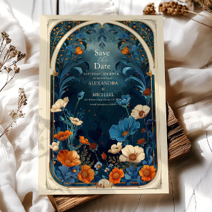 Save The Date Mariage Art Nouveau Bleu Nuit Vintage