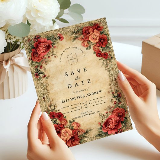 Save The Date Mariage Art Nouveau Rose rouge
