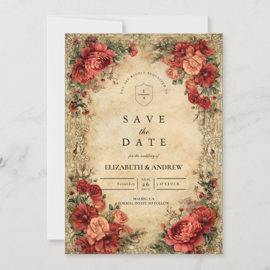 Save The Date Mariage Art Nouveau Rose rouge (Devant)
