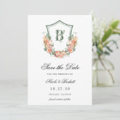Save The Date Mariage au blason floral de pêche (Debout devant)