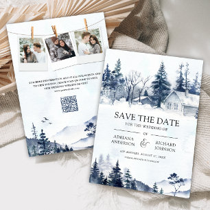 Save The Date Mariage au code QR de la forêt de pins enneigée de