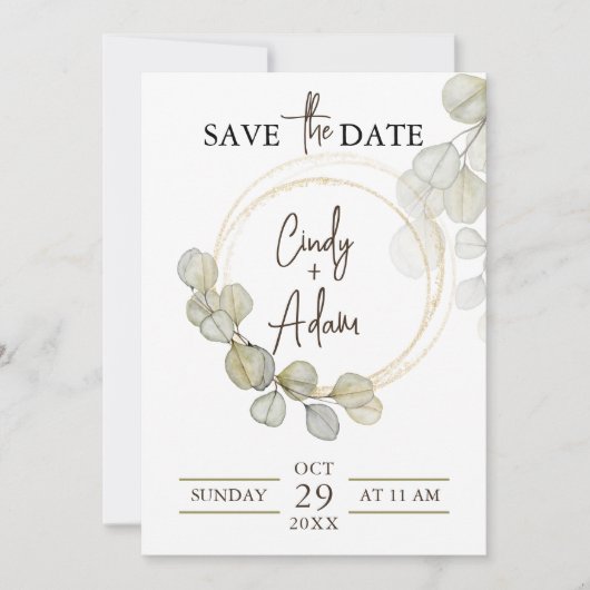 Save The Date Mariage au feuillage d'eucalyptus élégant (Devant)