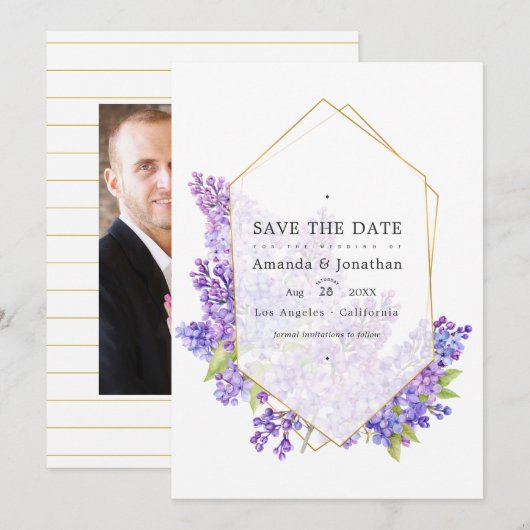 Save The Date Mariage au Pastel Violet et Or Géométrique Herbier (Devant / Derrière)