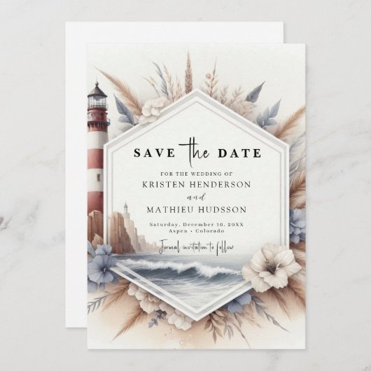 Save The Date Mariage au Phare aux Vibes Océaniques Modernes (Devant / Derrière)