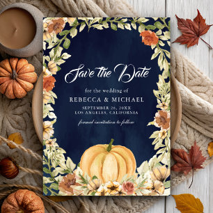 Save The Date Mariage Automnal Terreux Floral Citrouille Bleu Nu