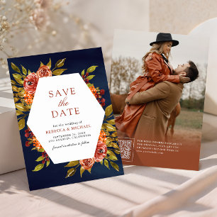 Save The Date Mariage Automne Floral Orange Brûlé Bleu Nuit