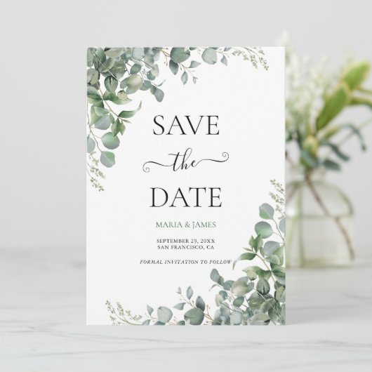 Save The Date Mariage aux feuilles d'eucalyptus (Debout devant)