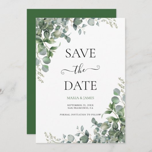 Save The Date Mariage aux feuilles d'eucalyptus (Devant / Derrière)