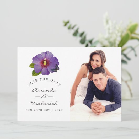 Save The Date Mariage aux fleurs d'Hibiscus ultra violet Enregis (Debout devant)