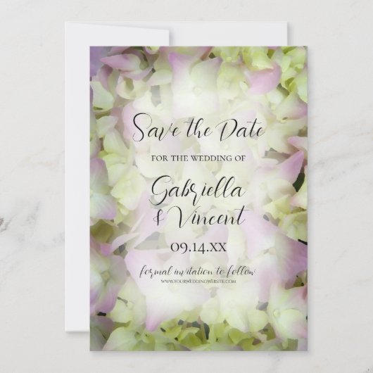 Save The Date Mariage aux fleurs d'Hydrangea presque rose Sauvez (Devant)