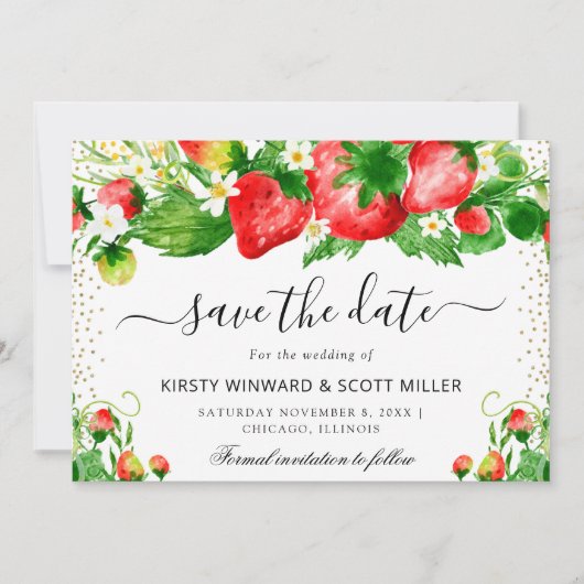 Save The Date Mariage aux fraises et fleurs d'été (Devant)