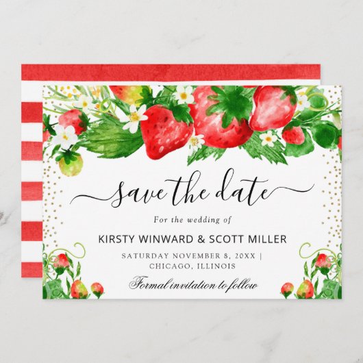 Save The Date Mariage aux fraises et fleurs d'été (Devant / Derrière)