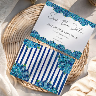 Save The Date Mariage aux Hortensias Bleus Modernes Rayures Bleu