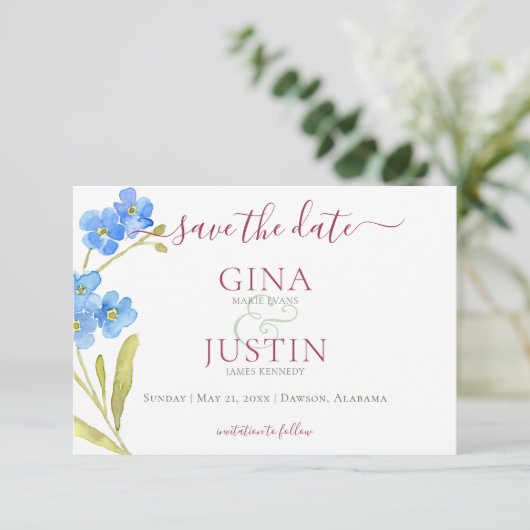 Save The Date Mariage aux Œillets & Myosotis (Debout devant)