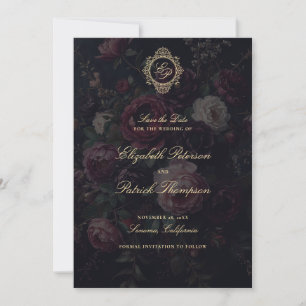 Save The Date Mariage aux Pivoines de Style Victorien Sombre et