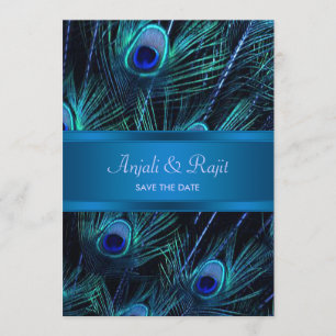 Save The Date Mariage aux plumes de paon bleu royal violet