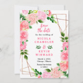 Save The Date Mariage aux Roses Roses avec Feuillage (Devant)