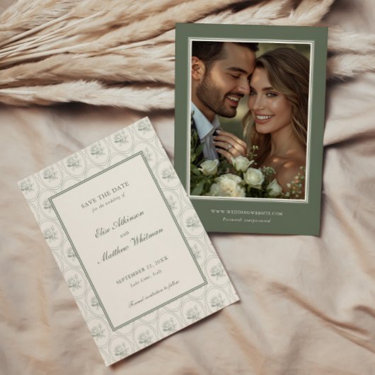Save The Date Mariage aux Roses Vert Sauge