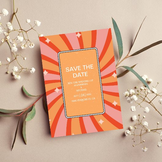 Save The Date Mariage aux tons feutrés sur le thème rétro groovy