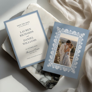 Save The Date Mariage avec cadre en dentelle bleu français