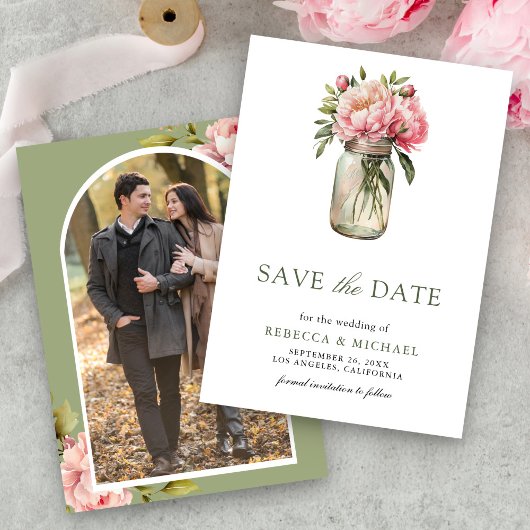 Save The Date Mariage avec photo de pot Mason à fleurs roses