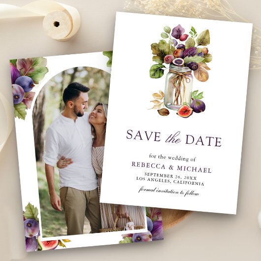 Save The Date Mariage avec Photo de Pot Mason Figue Violette Rus