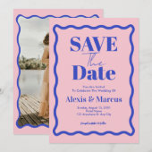 Save The Date Mariage avec photo de squiggle ondulé bleu rétro (Devant / Derrière)
