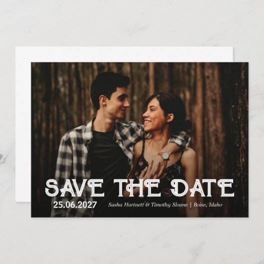 Save The Date Mariage avec une seule photo blanche superposition (Devant / Derrière)