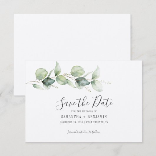 Save The Date Mariage avec verdure d'eucalyptus (Devant / Derrière)