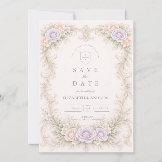 Save The Date Mariage baroque au jardin rose lavande (Devant)