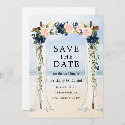 Save The Date Mariage Beach Canopy Aquarelle bleu rose Floral (Devant / Derrière)
