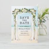 Save The Date Mariage Beach Canopy Aquarelle Vert Blanc Floral (Debout devant)