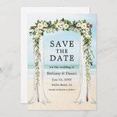 Save The Date Mariage Beach Canopy Aquarelle Vert Blanc Floral (Devant / Derrière)