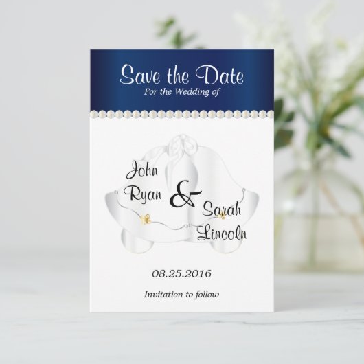 Save The Date Mariage Bells en bleu marine - Enregistrer la date (Debout devant)