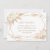 Save The Date Mariage blanc charme roses herbe des pampas or (Devant)