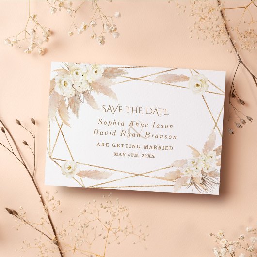 Save The Date Mariage blanc charme roses herbe des pampas or