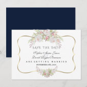Save The Date Mariage Blanc Chic Roses Roses Bleu Nuit Or (Devant / Derrière)
