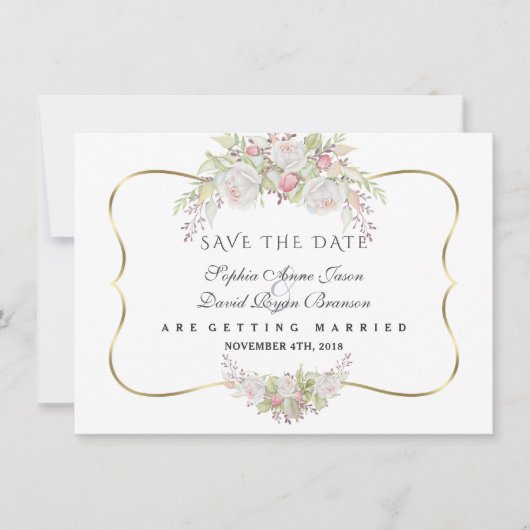 Save The Date Mariage Blanc Chic Roses Roses Navy Blue Or (Devant)