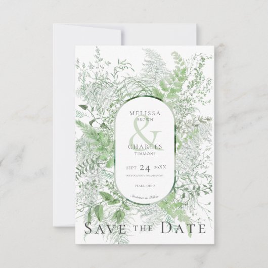 Save The Date Mariage blanc de feuillage vert de fougère rustiqu (Devant)