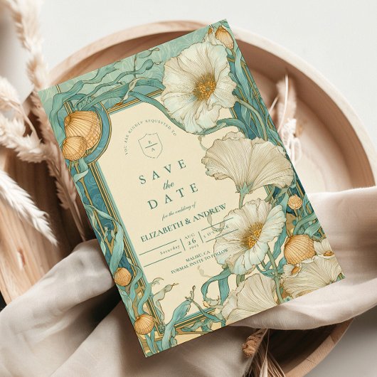 Save The Date Mariage blanc de pavot Art nouveau