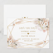 Save The Date Mariage Blanc Désert Roses Herbe des Pampas Or (Devant / Derrière)