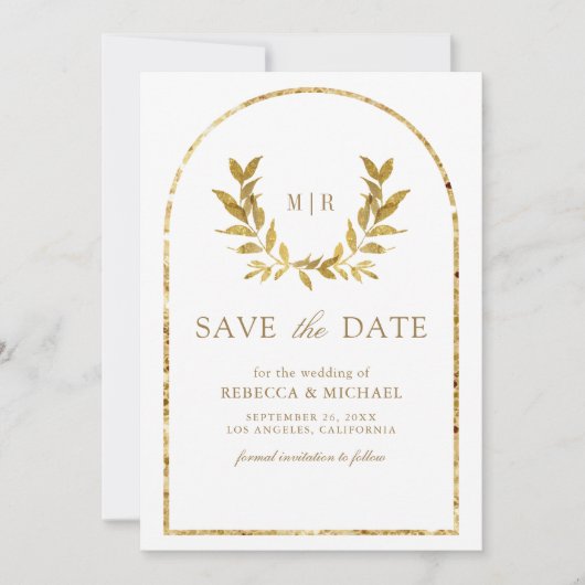 Save The Date Mariage blanc Feuille Gold Laurel Wreath (Devant)