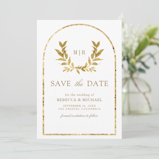 Save The Date Mariage blanc Feuille Gold Laurel Wreath (Debout devant)