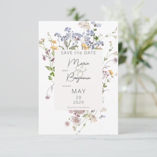 Save The Date Mariage blanc Fleur sauvage Boho Delicate (Debout devant)