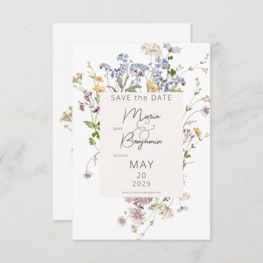 Save The Date Mariage blanc Fleur sauvage Boho Delicate (Devant / Derrière)