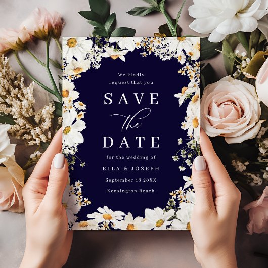 Save The Date Mariage Blanc Floral Époustouflant & Navy Profond
