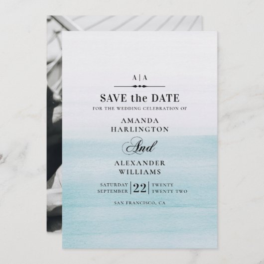 Save The Date Mariage bleu aquarelle. Classique nautique élégant (Devant / Derrière)